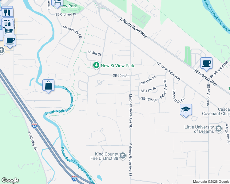 map of restaurants, bars, coffee shops, grocery stores, and more near 768 Southeast 11th Place in North Bend