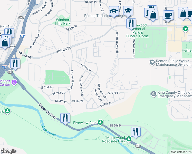 map of restaurants, bars, coffee shops, grocery stores, and more near 104 Glennwood Place Southeast in Renton