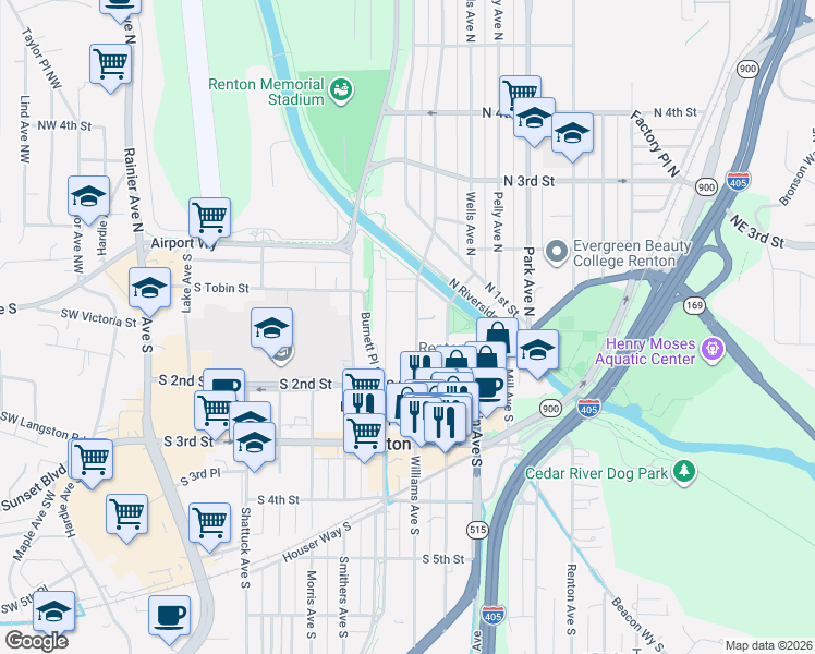 map of restaurants, bars, coffee shops, grocery stores, and more near 110 Williams Avenue South in Renton