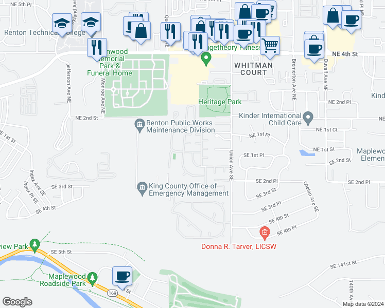 map of restaurants, bars, coffee shops, grocery stores, and more near Evergreen Drive in Renton