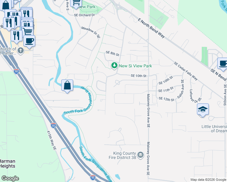 map of restaurants, bars, coffee shops, grocery stores, and more near 534 Southeast 11th Place in North Bend