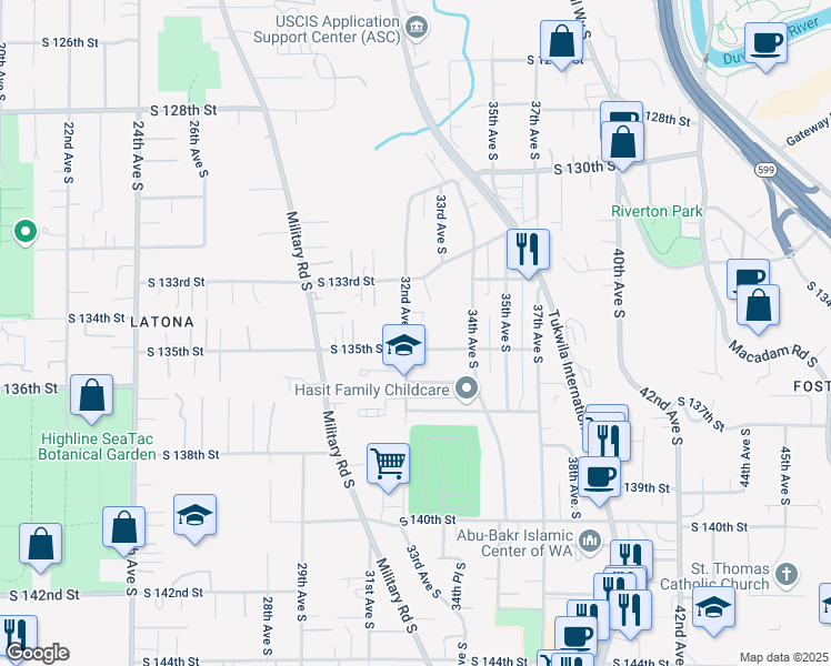 map of restaurants, bars, coffee shops, grocery stores, and more near 2960 South 135th Street in Tukwila
