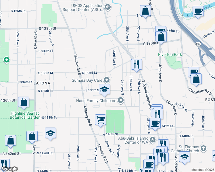 map of restaurants, bars, coffee shops, grocery stores, and more near 13348 32nd Avenue South in Tukwila
