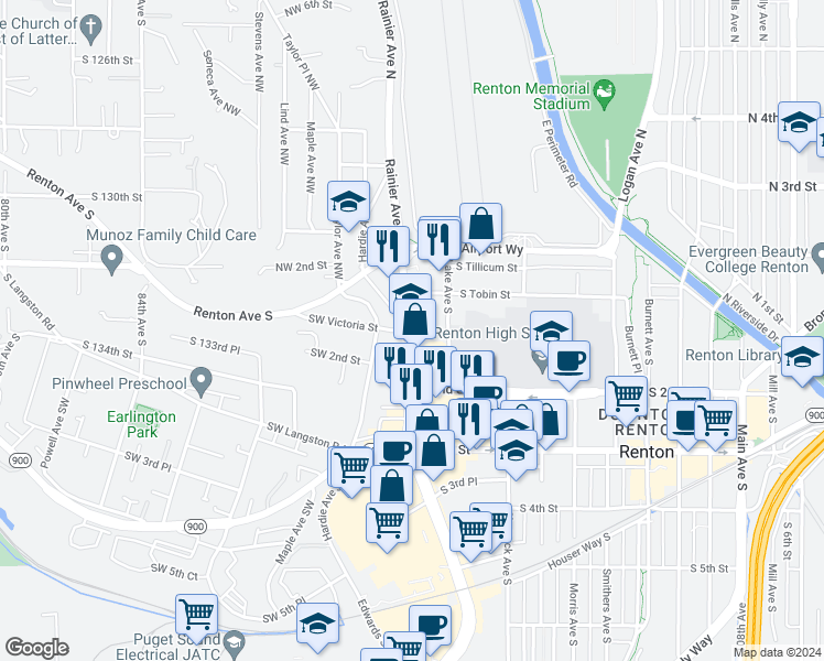 map of restaurants, bars, coffee shops, grocery stores, and more near 140 Rainier Avenue South in Renton