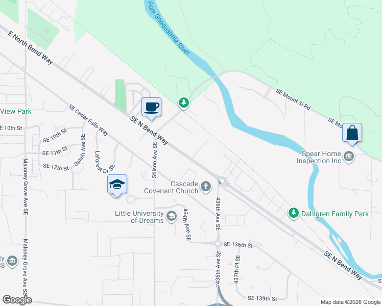 map of restaurants, bars, coffee shops, grocery stores, and more near 43404 Southeast North Bend Way in North Bend