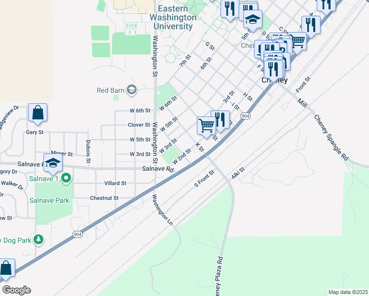 map of restaurants, bars, coffee shops, grocery stores, and more near 223 West 2nd Street in Cheney