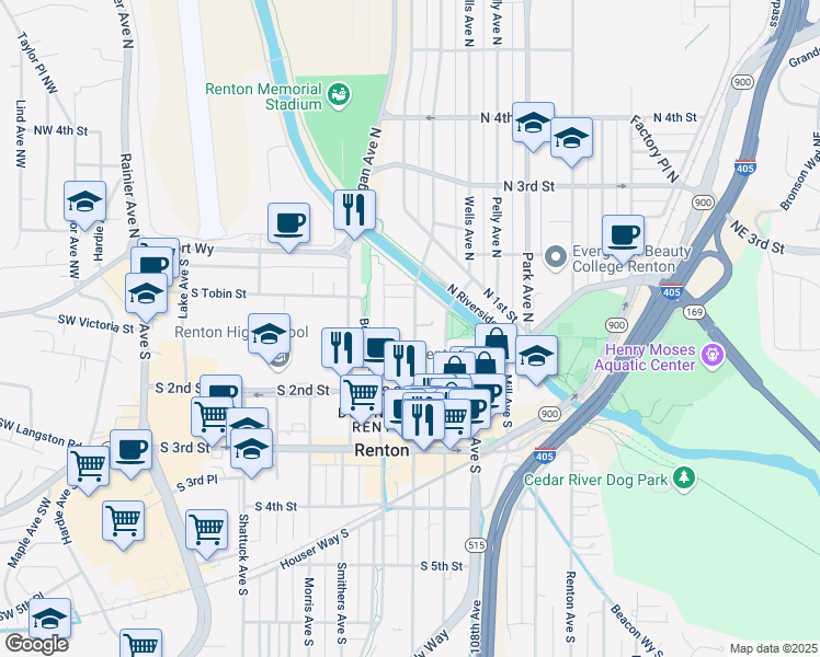 map of restaurants, bars, coffee shops, grocery stores, and more near 110 Williams Avenue South in Renton