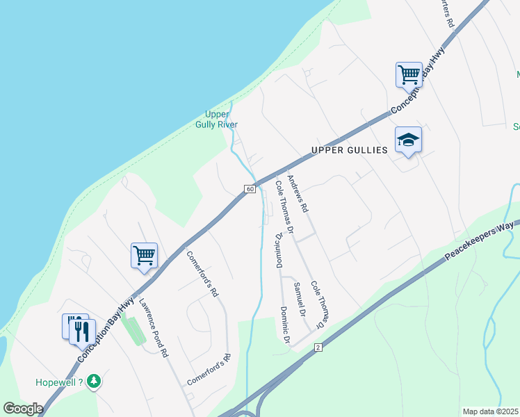 map of restaurants, bars, coffee shops, grocery stores, and more near 70 Saint Peters Road in Conception Bay South