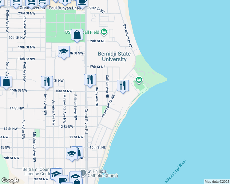 map of restaurants, bars, coffee shops, grocery stores, and more near 1501 Birchmont Drive Northeast in Bemidji