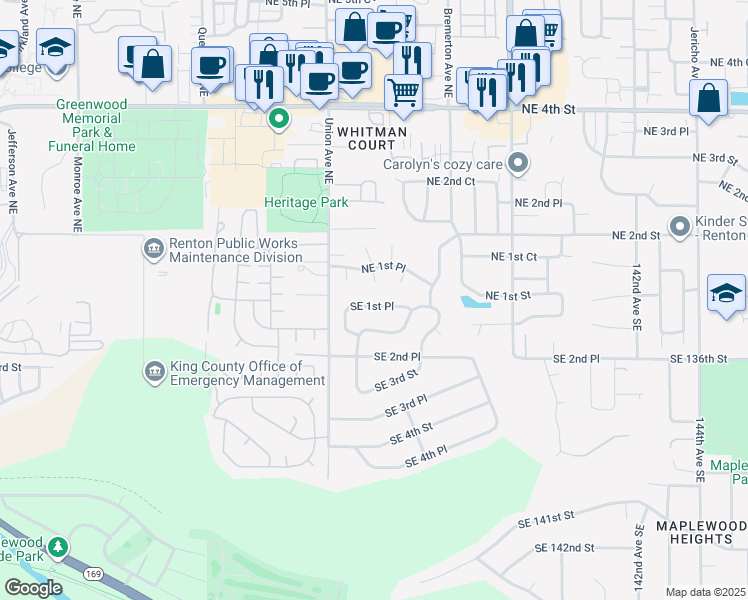 map of restaurants, bars, coffee shops, grocery stores, and more near 4206 Southeast 1st Place in Renton