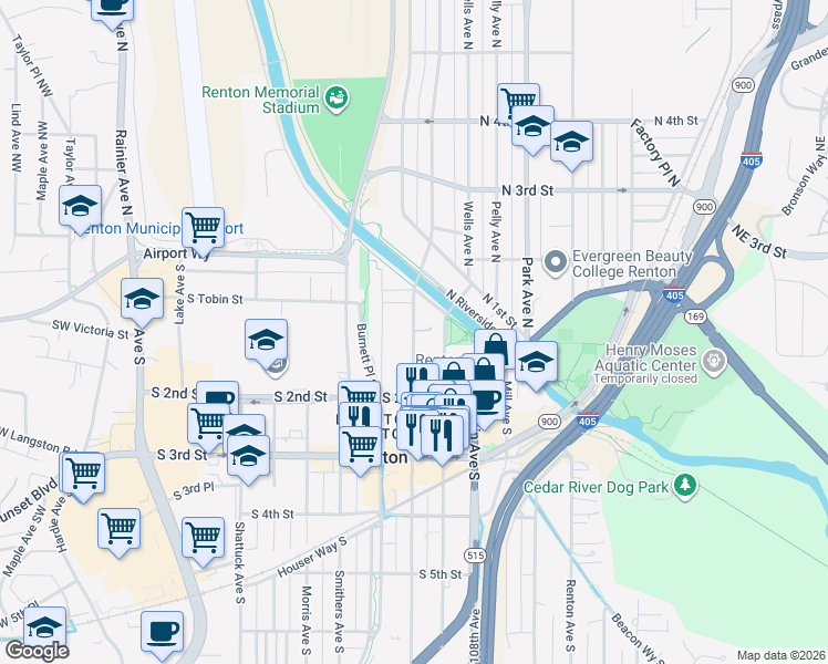 map of restaurants, bars, coffee shops, grocery stores, and more near 110 Williams Avenue South in Renton