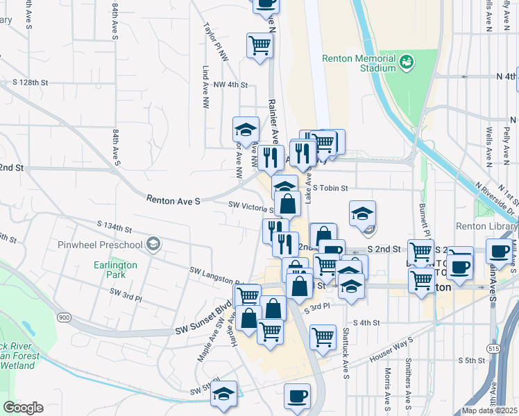 map of restaurants, bars, coffee shops, grocery stores, and more near Southwest Victoria Street in Renton
