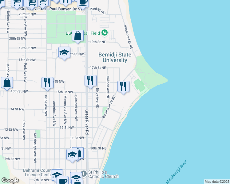 map of restaurants, bars, coffee shops, grocery stores, and more near 1501 Birchmont Drive Northeast in Bemidji