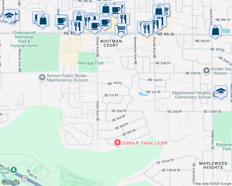 map of restaurants, bars, coffee shops, grocery stores, and more near 4215 Southeast 1st Place in Renton
