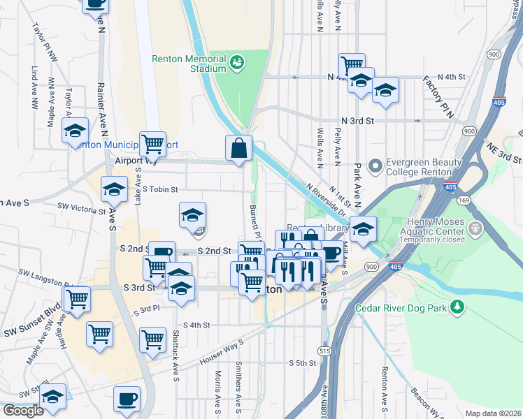 map of restaurants, bars, coffee shops, grocery stores, and more near 103 Burnett Avenue South in Renton