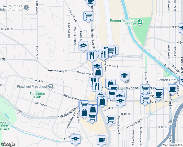 map of restaurants, bars, coffee shops, grocery stores, and more near 176 Hardie Avenue Southwest in Renton