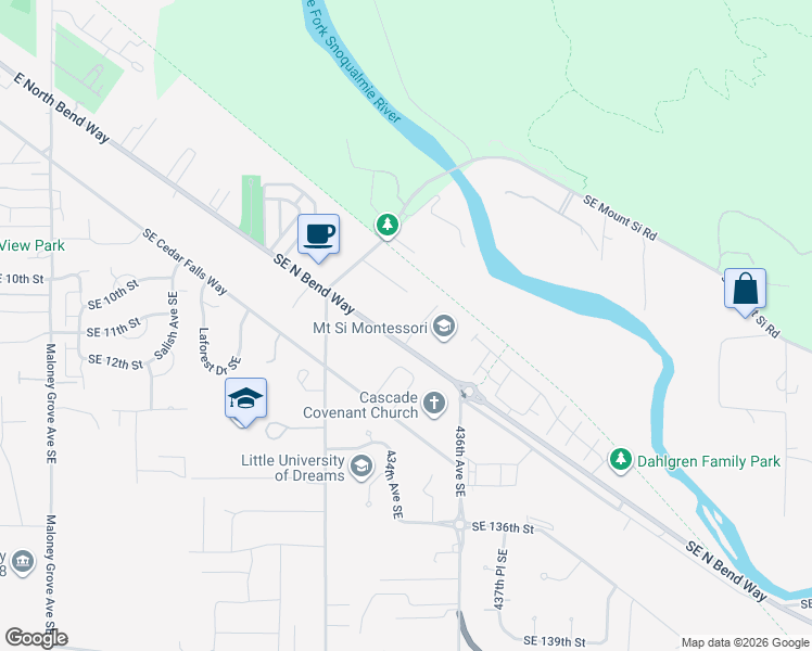 map of restaurants, bars, coffee shops, grocery stores, and more near 1201 Little Si Avenue SouthEast in North Bend