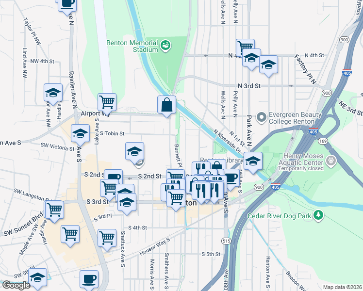 map of restaurants, bars, coffee shops, grocery stores, and more near 103 Burnett Avenue South in Renton