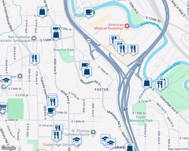 map of restaurants, bars, coffee shops, grocery stores, and more near 4501 South 134th Place in Tukwila