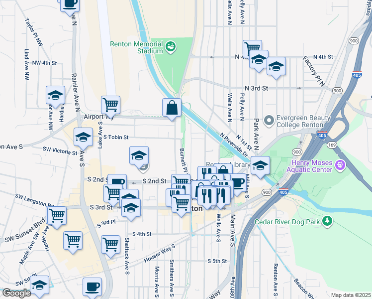map of restaurants, bars, coffee shops, grocery stores, and more near 103 Burnett Avenue South in Renton