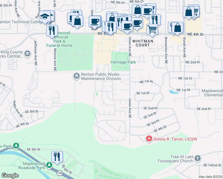 map of restaurants, bars, coffee shops, grocery stores, and more near 201 Union Avenue Southeast in Renton