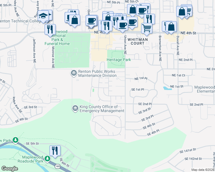 map of restaurants, bars, coffee shops, grocery stores, and more near Evergreen Drive in Renton