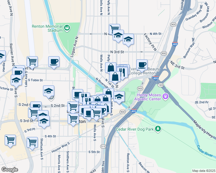map of restaurants, bars, coffee shops, grocery stores, and more near 130 Main Avenue South in Renton
