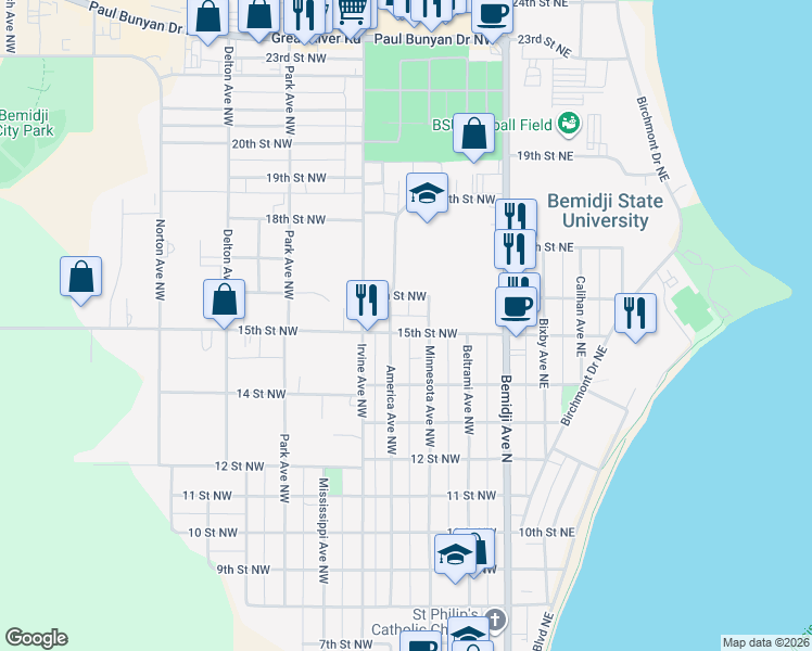 map of restaurants, bars, coffee shops, grocery stores, and more near 1428 America Avenue Northwest in Bemidji