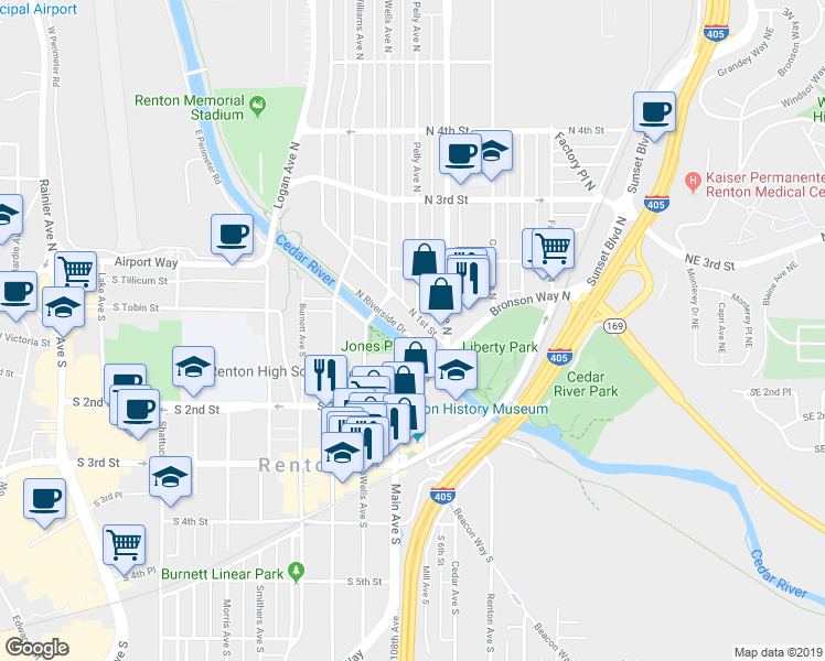 map of restaurants, bars, coffee shops, grocery stores, and more near 1003 North 1st Street in Renton