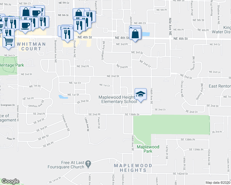 map of restaurants, bars, coffee shops, grocery stores, and more near 154 142nd Avenue Southeast in Renton