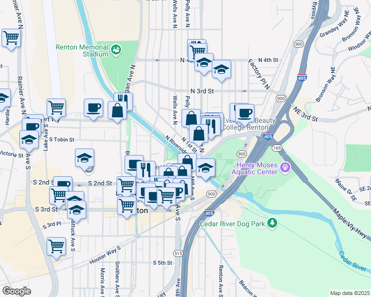map of restaurants, bars, coffee shops, grocery stores, and more near 912 North 1st Street in Renton