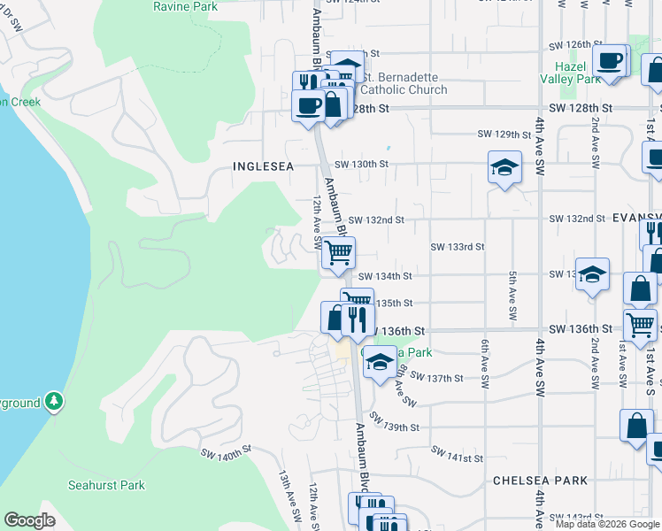 map of restaurants, bars, coffee shops, grocery stores, and more near 13227 Ambaum Boulevard Southwest in Burien