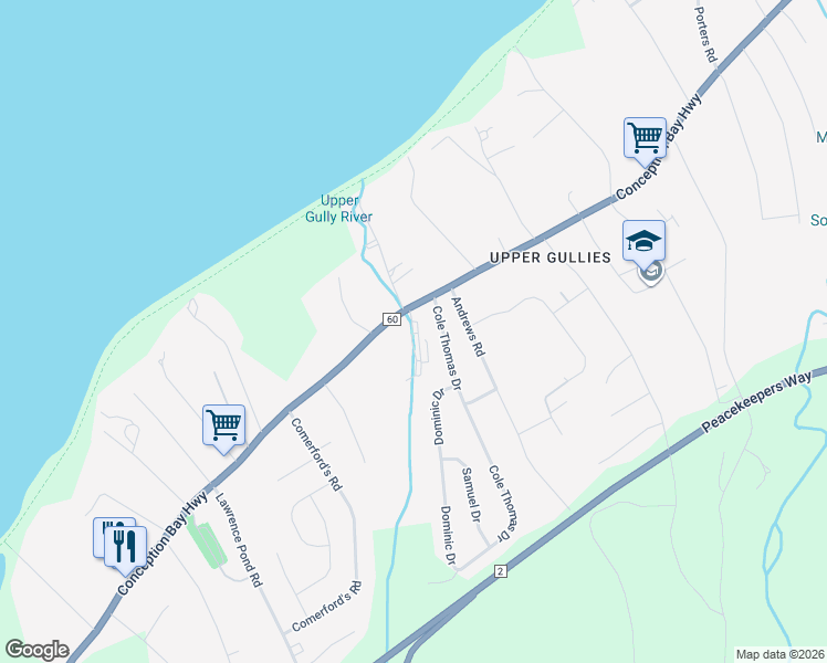 map of restaurants, bars, coffee shops, grocery stores, and more near 1117 Conception Bay Highway in Conception Bay South