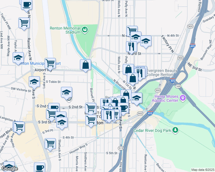 map of restaurants, bars, coffee shops, grocery stores, and more near 100 Williams Avenue South in Renton