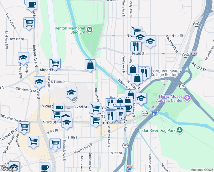 map of restaurants, bars, coffee shops, grocery stores, and more near 100 Williams Avenue South in Renton