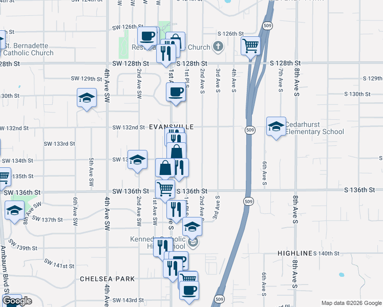 map of restaurants, bars, coffee shops, grocery stores, and more near 13229 1st Place South in Burien