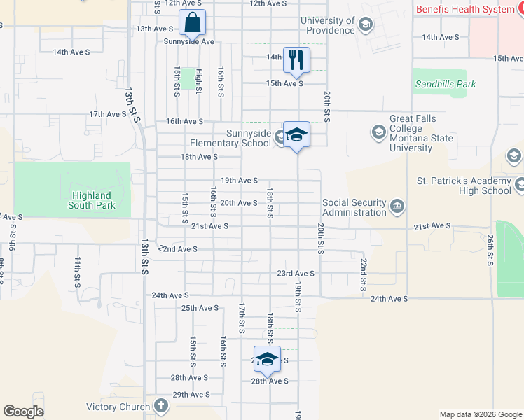 map of restaurants, bars, coffee shops, grocery stores, and more near 1715 20th Avenue South in Great Falls