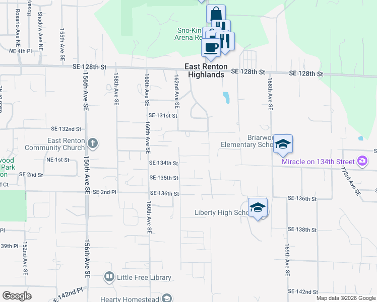 map of restaurants, bars, coffee shops, grocery stores, and more near 13206 162nd Avenue Southeast in Renton