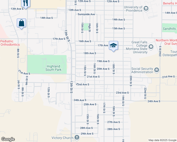 map of restaurants, bars, coffee shops, grocery stores, and more near 1523 20th Avenue South in Great Falls
