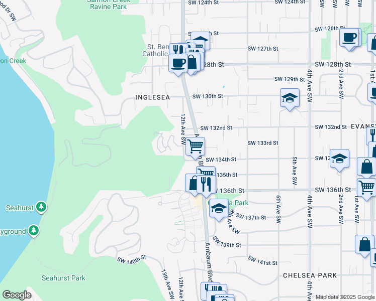 map of restaurants, bars, coffee shops, grocery stores, and more near 13227 Ambaum Boulevard Southwest in Burien