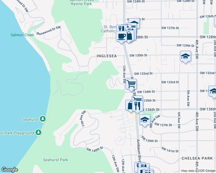 map of restaurants, bars, coffee shops, grocery stores, and more near 1235 Southwest 132nd Lane in Burien