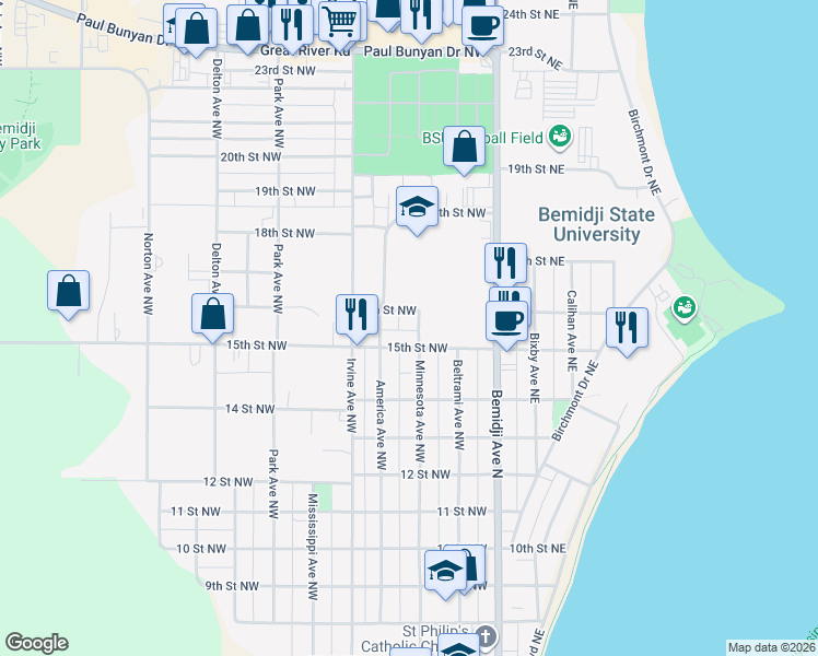 map of restaurants, bars, coffee shops, grocery stores, and more near 1600 Minnesota Avenue Northwest in Bemidji
