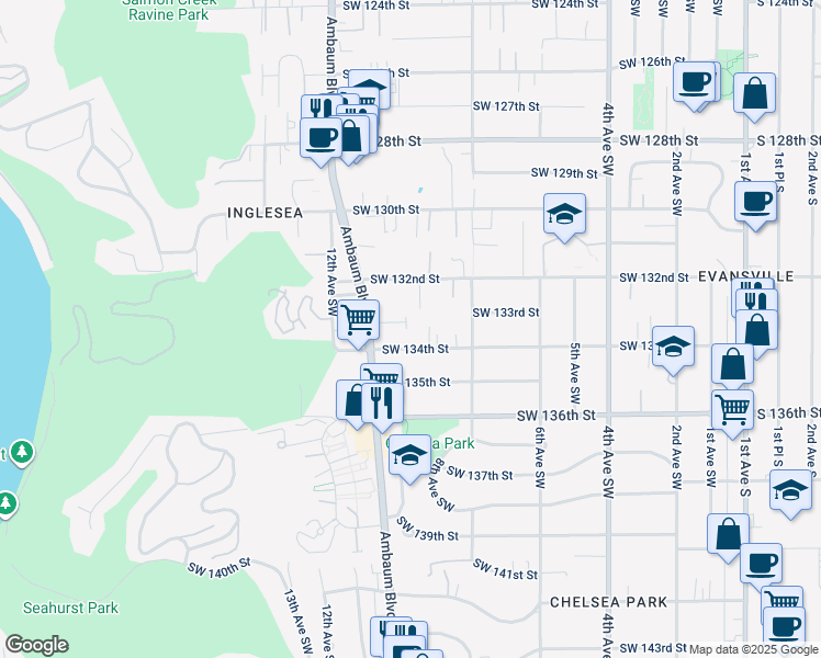 map of restaurants, bars, coffee shops, grocery stores, and more near 1010 Southwest 134th Street in Burien