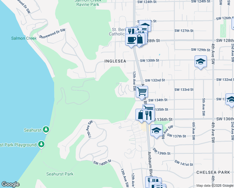 map of restaurants, bars, coffee shops, grocery stores, and more near 1235 Southwest 132nd Lane in Burien