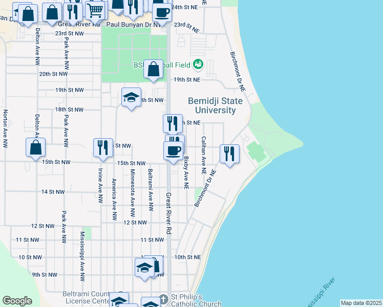 map of restaurants, bars, coffee shops, grocery stores, and more near 1602 Bixby Avenue Northeast in Bemidji