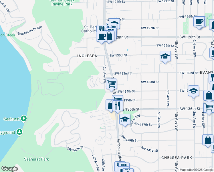 map of restaurants, bars, coffee shops, grocery stores, and more near 13227 Ambaum Boulevard Southwest in Burien