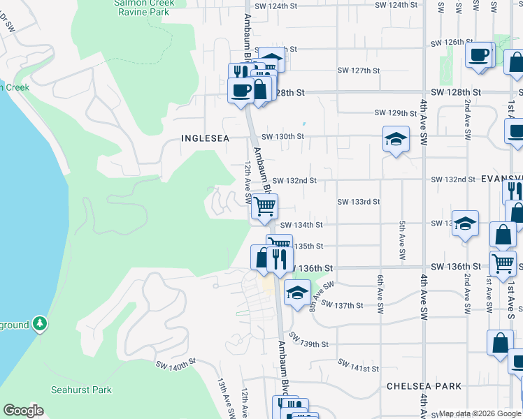 map of restaurants, bars, coffee shops, grocery stores, and more near 13243 Ambaum Boulevard Southwest in Burien