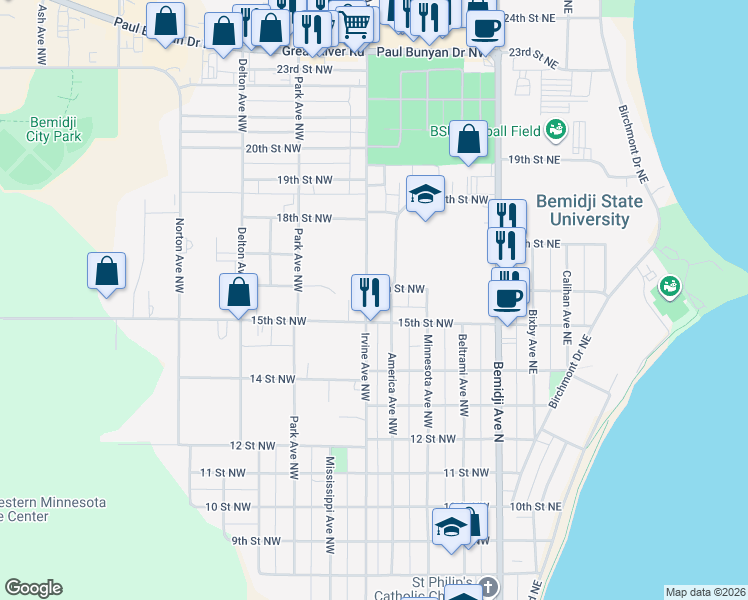 map of restaurants, bars, coffee shops, grocery stores, and more near 1601 Irvine Avenue Northwest in Bemidji