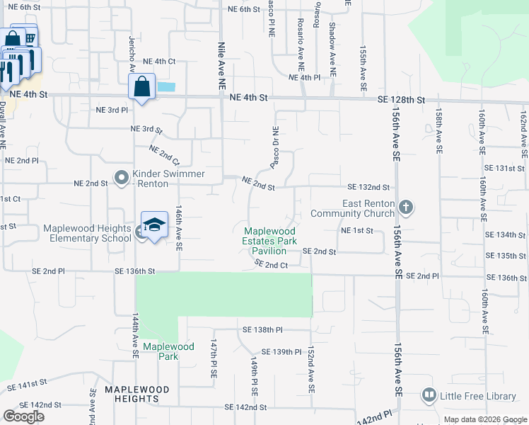 map of restaurants, bars, coffee shops, grocery stores, and more near 5812 Northeast 1st Street in Renton