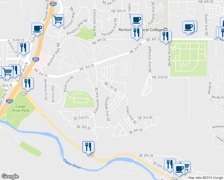 map of restaurants, bars, coffee shops, grocery stores, and more near 2617 Northeast 2nd Street in Renton